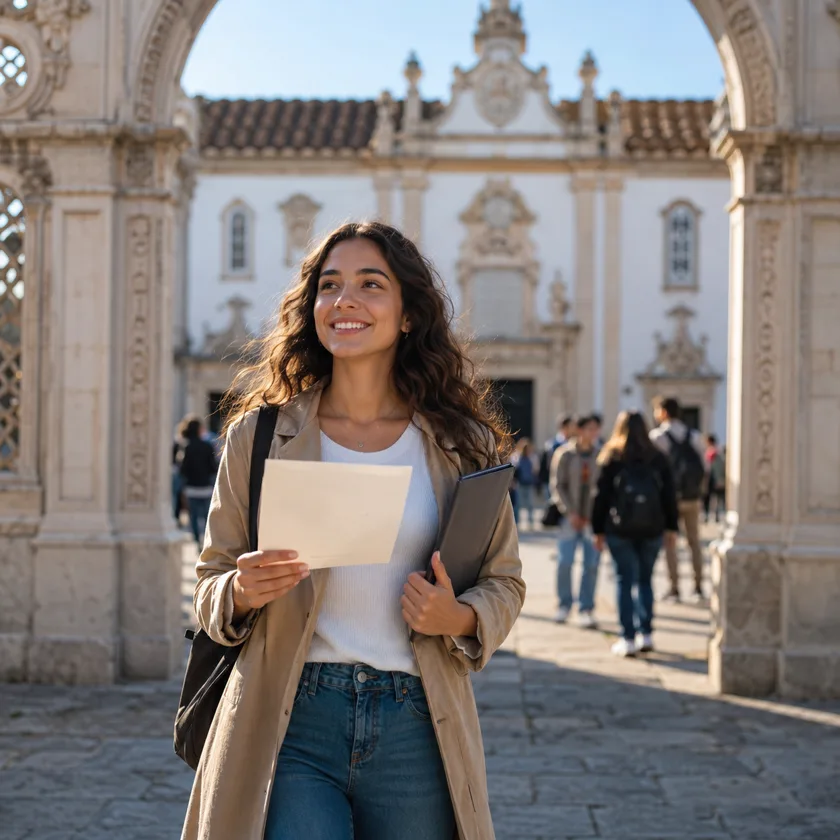 Estudante internacional entrando em uma universidade portuguesa